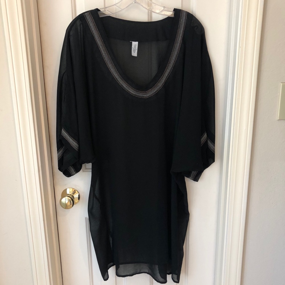 Tunic, black sheer with neck detail, full fit, Holiday or Cocktail perfect Sz XL